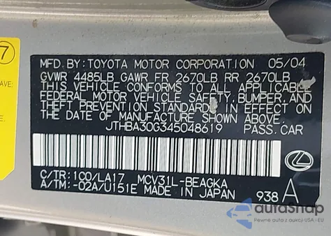 2004 Lexus Es 330 из США, поврежденный, VIN JTHBA30G345048619